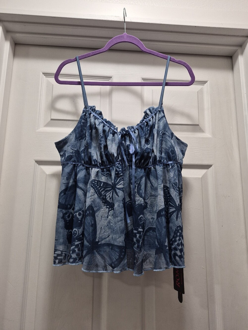 ROMWE Blue Butterfly Print Ruched Spaghetti Strap Camisole